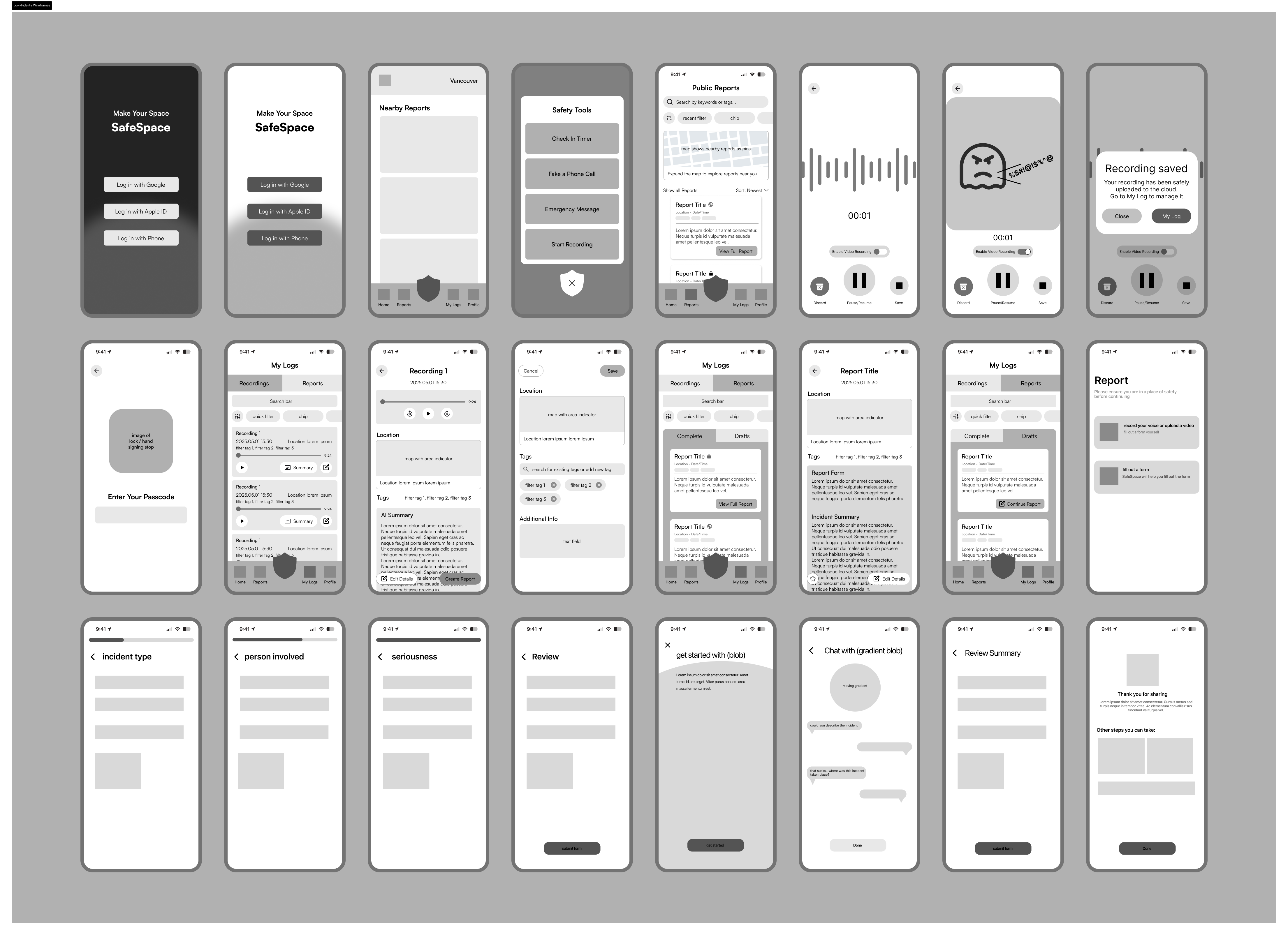 SafeSpace low-fidelity wireframes